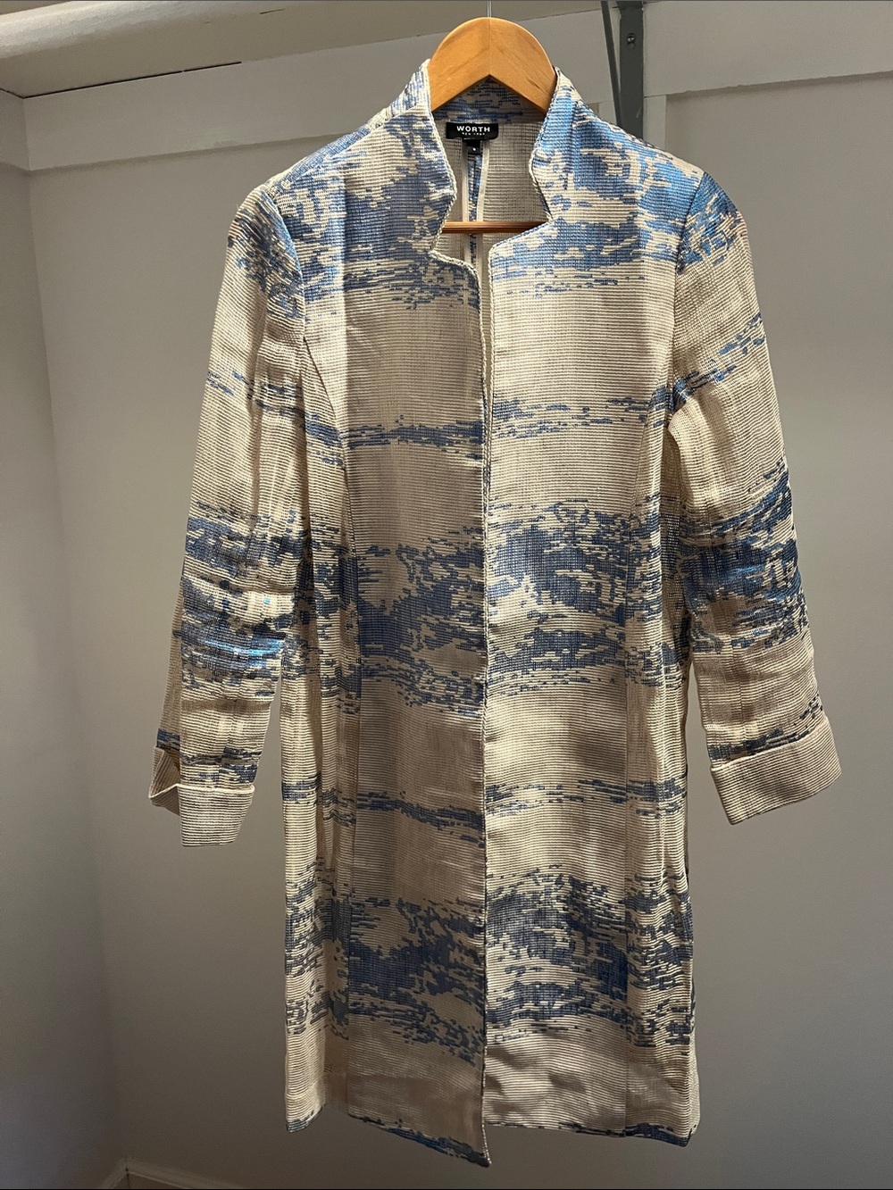 Worth Cream and Blue Sheer Abstract-Print Long Coat